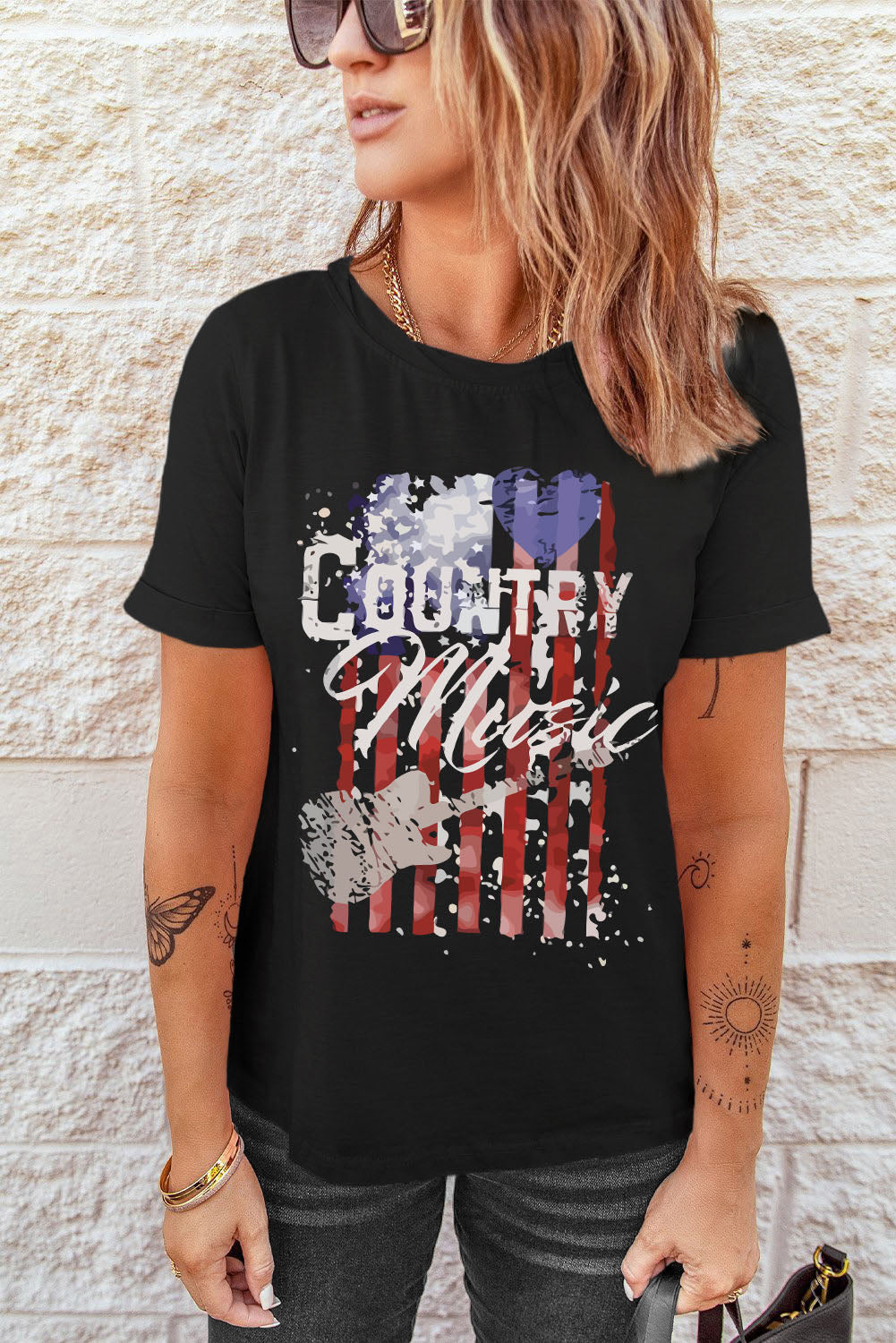 Country Music American Flag Graphic T Shirt | Black