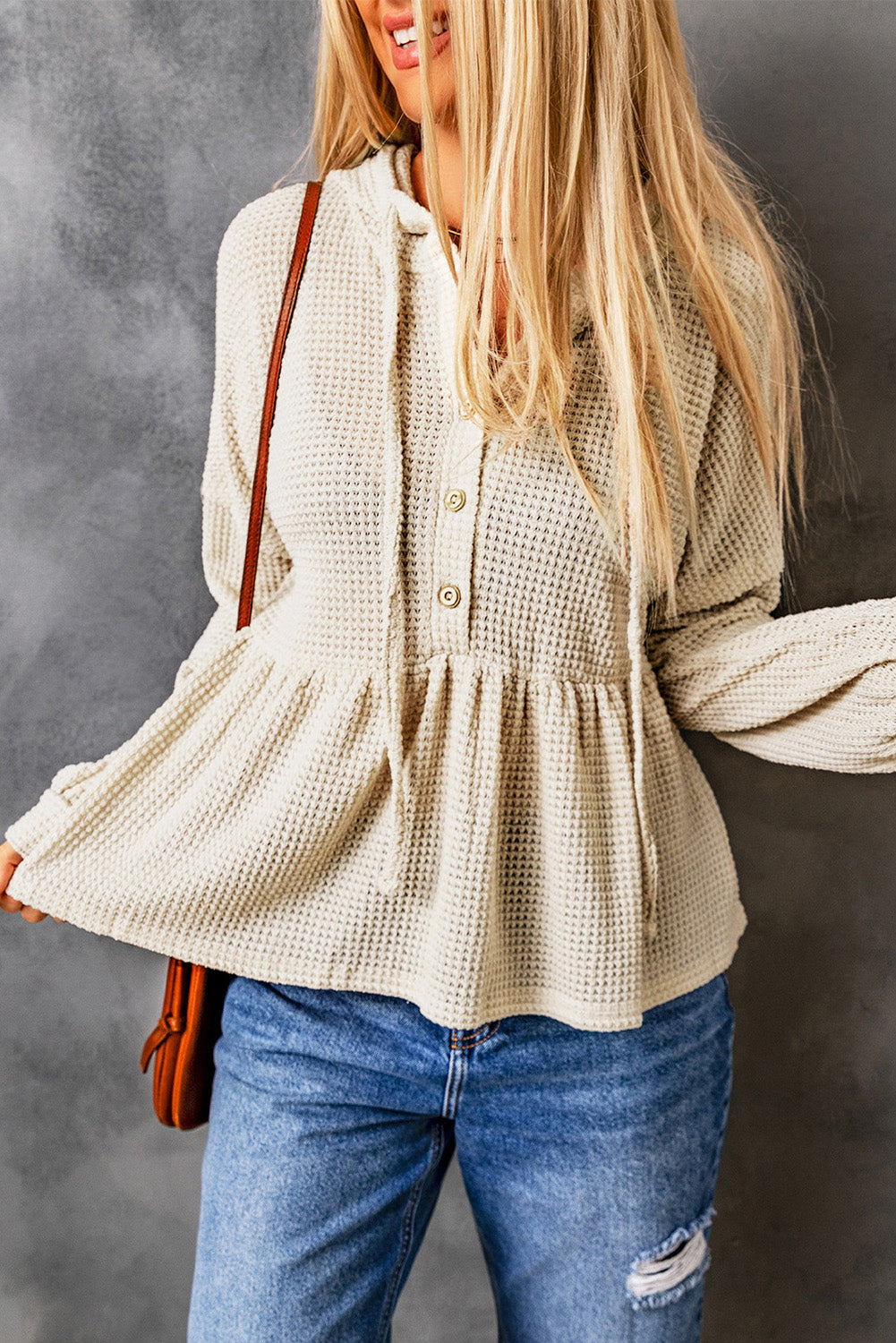 Waffle Knit Buttons Ruffled Hooded Top | Apricot