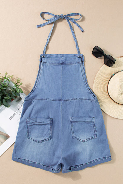 Grommet Tie Straps Casual Denim Romper | Light Blue