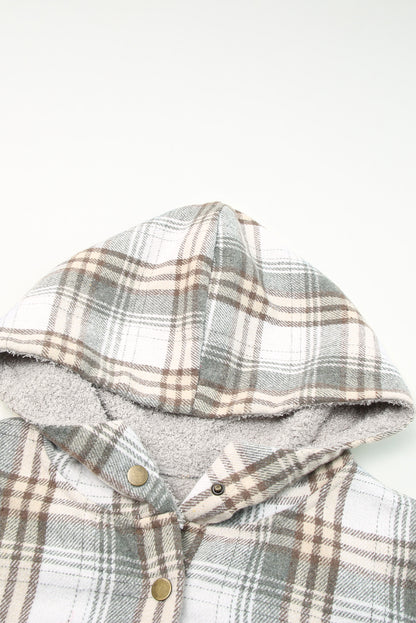 Plaid Pattern Sherpa Lined Hooded Shacket | Gray