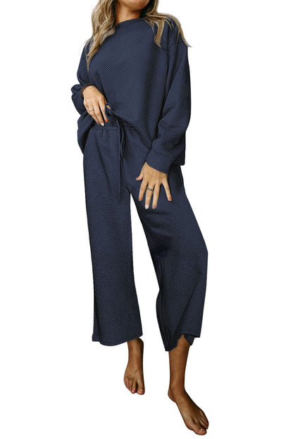 Ultra Loose Textured 2 Piece Slouchy Outfit | Navy Blue