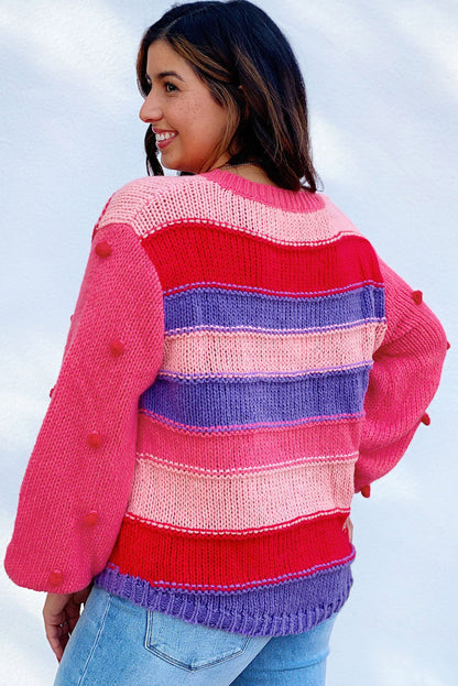 Plus Size Striped Knit Pompom Puff Sleeve Sweater | Pink