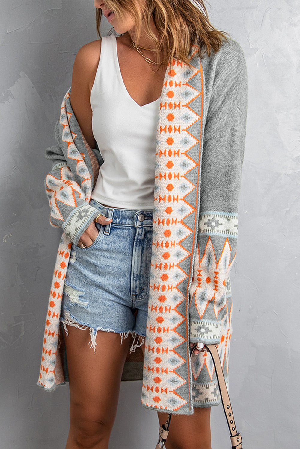 Aztec Print Open Front Knitted Cardigan | Gray