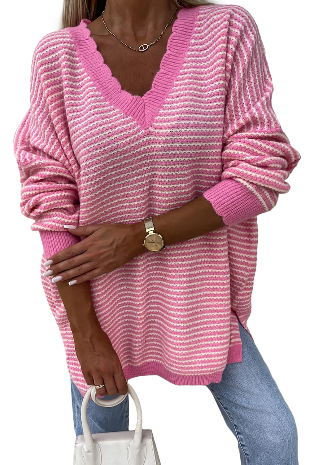 Striped Scallop V Neck Loose Sweater With Slits | Pink