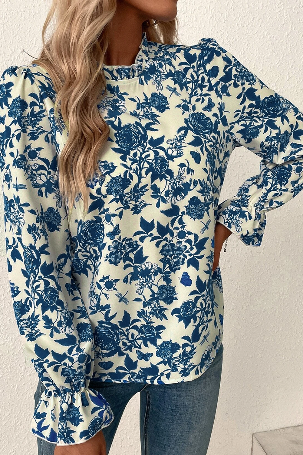 Floral Print Flounce Sleeve Keyhole Back Blouse | Sky Blue