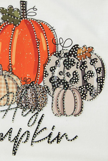 Rhinestone Pumpkin Graphic Crewneck Thanksgiving Sweatshirt | Beige