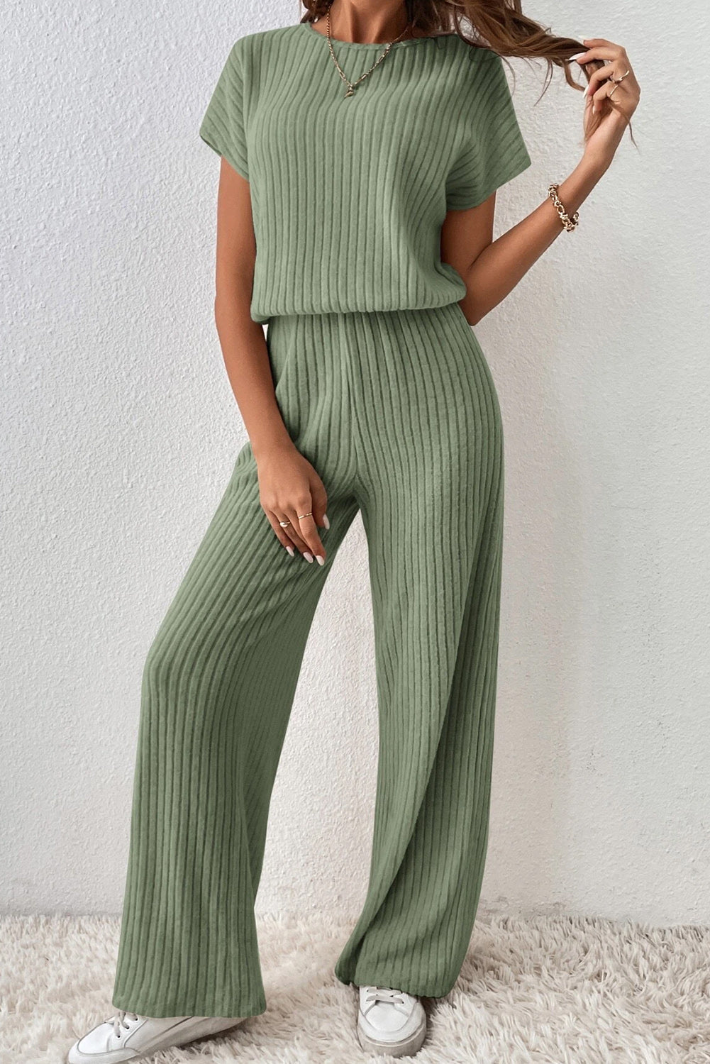 Solid Colour Ribbed Short Sleeve Wide Leg Jumpsuit | Grass Green