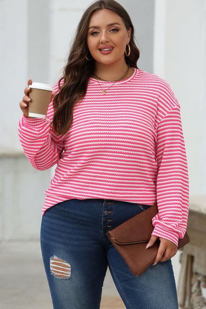 Round Neck Drop Shoulder Long Sleeve Top | Rose Stripe