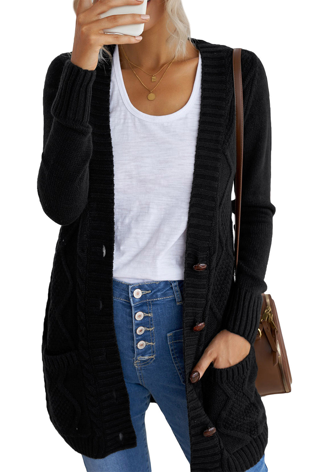 Front Pocket And Buttons Closure Cardigan | Black