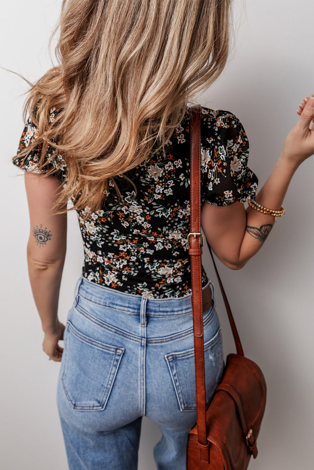 Floral Print U Neck Short Puff Sleeve Bodysuit | Black