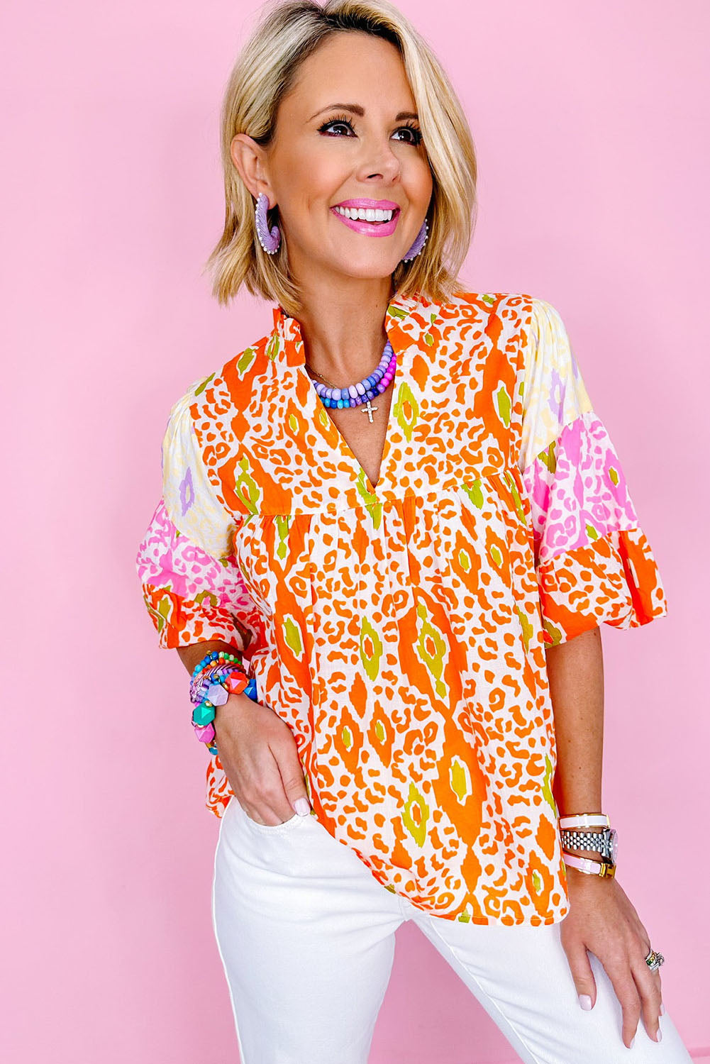 Leopard Colourblock Puff Sleeve Split Neck Blouse | Orange