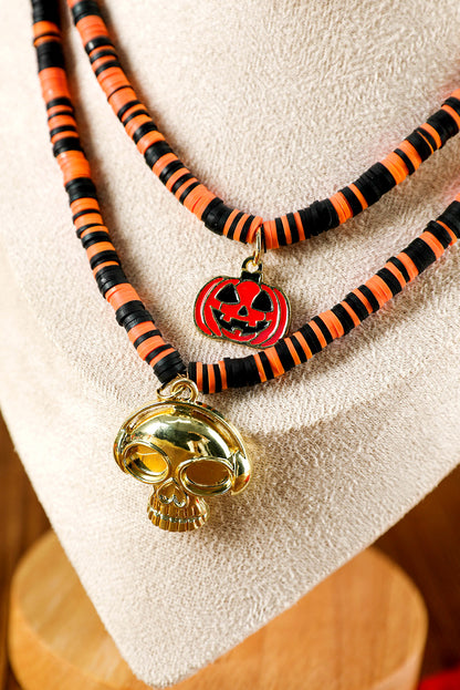 Skull Pumpkin Face Pendant Layered Beaded Halloween Necklace | Russet Orange