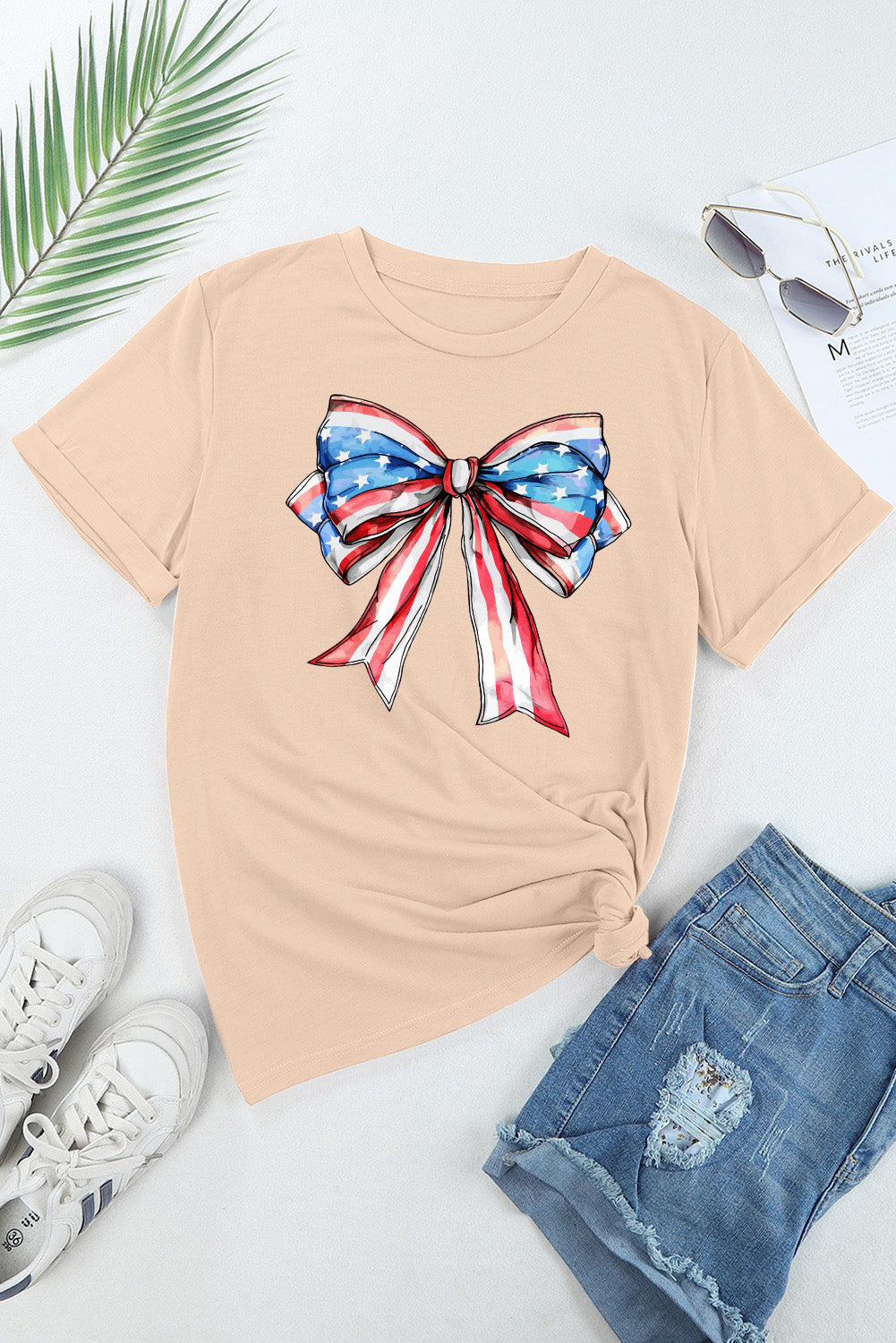 American Flag Bow Knot Print Round Neck T Shirt | Khaki