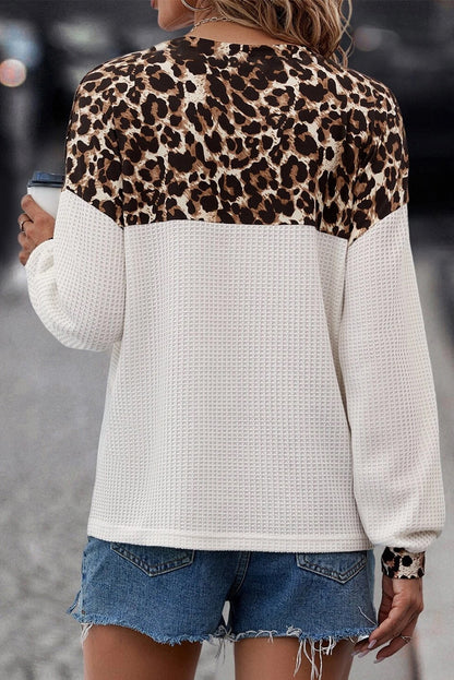 Leopard Waffle Knit Patchwork Button V Neck Top | White