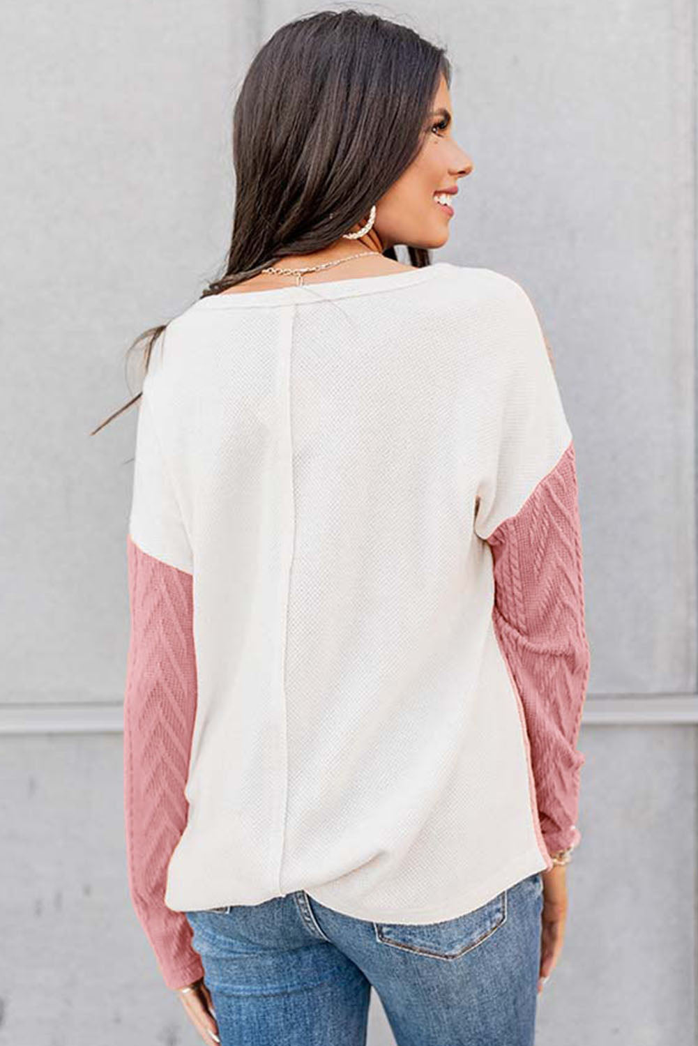 Long Sleeve Colourblock Chest Pocket Textured Knit Top | Peach Blossom