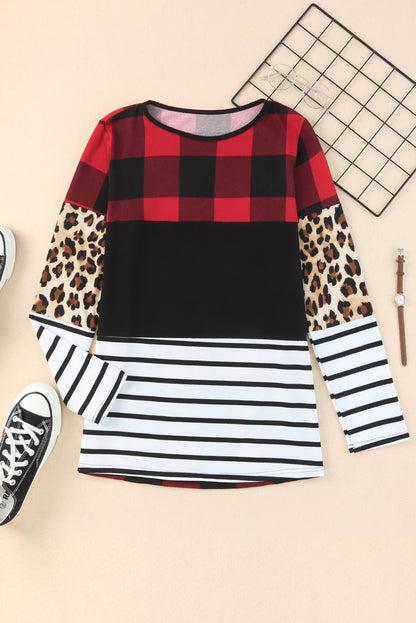 Plaid Print  Splicing Striped Colour Block Long Sleeve Top | Leopard