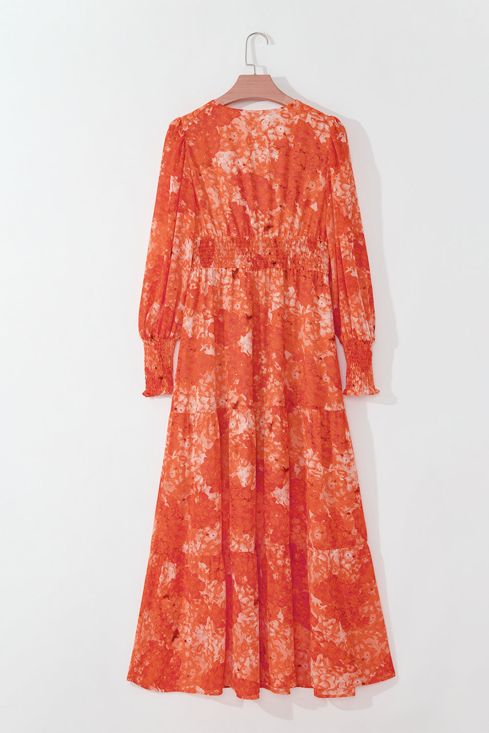 Boho Floral Bishop Sleeve V Neck Tiered Maxi Dress | Orange