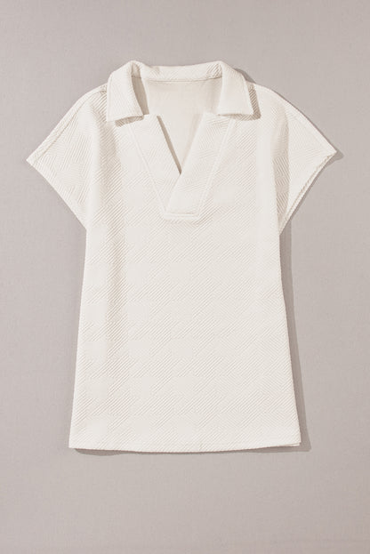 Textured V Neck Collared Short Sleeve Top | White