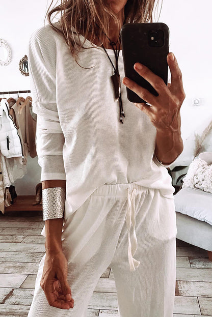 Textured Long Sleeve T Shirt And Pants Lounge Set | White