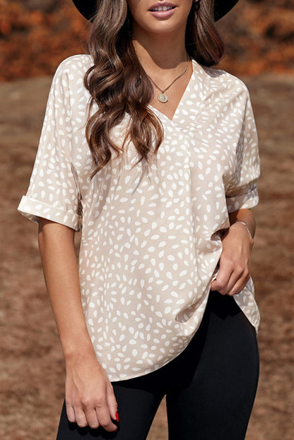 Animal Print V-Neck Rolled Sleeve Tunic Top | Apricot