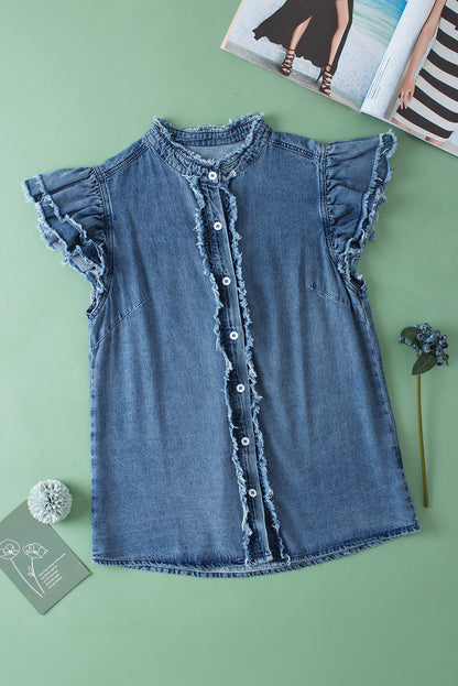 Button Front Ruffled Flutter Frayed Denim Top | Ashleigh Blue