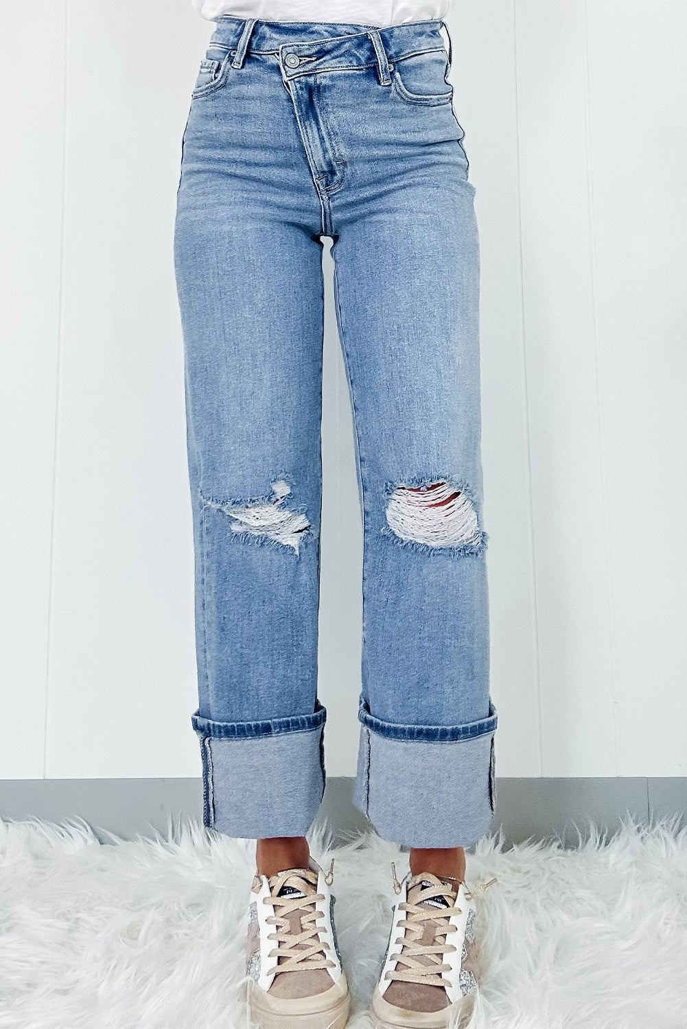 High Rise Asymmetric Button Zip Fly Ripped Jeans | Dusk Blue