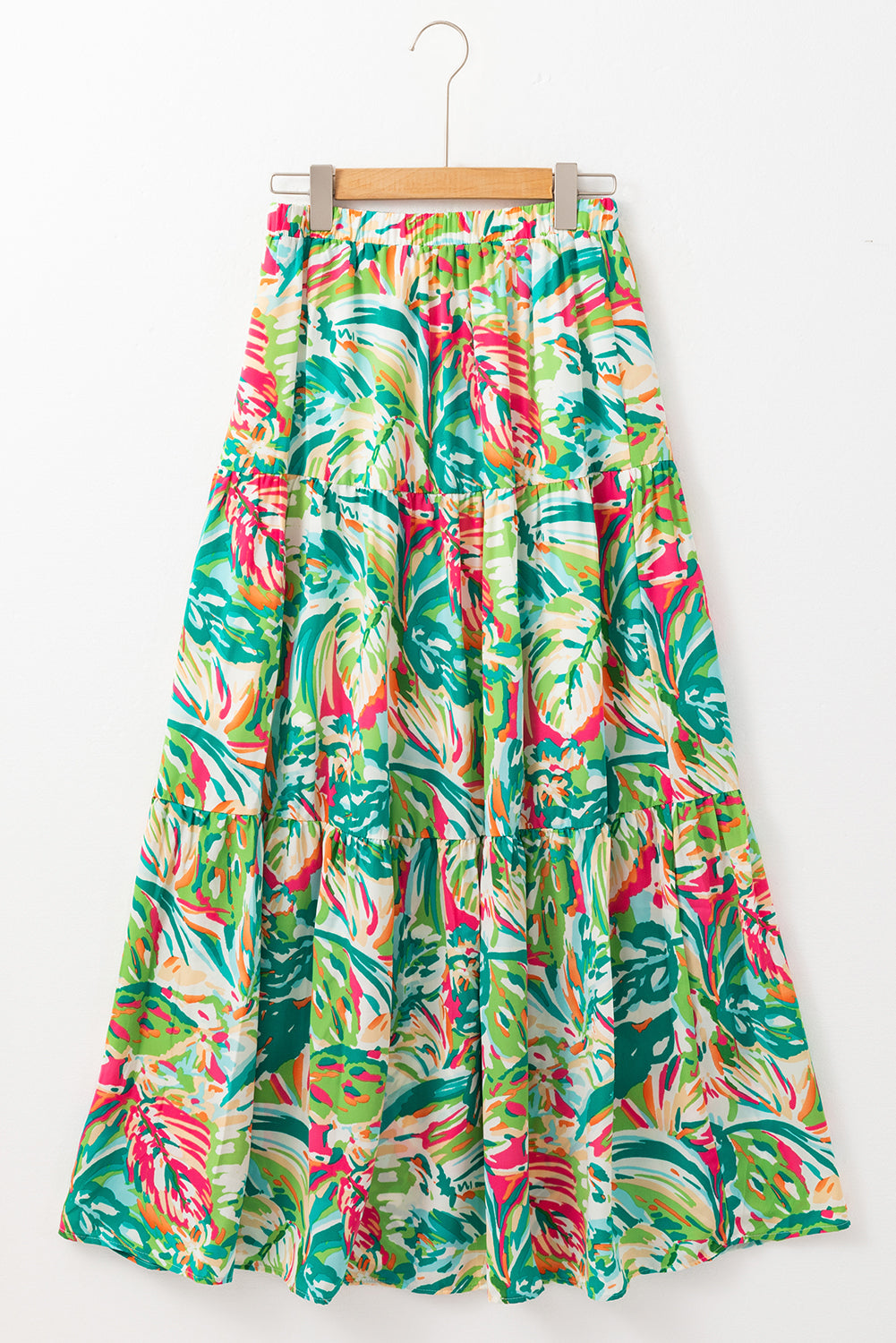 Abstract Printed High Waist Tiered Maxi Skirt | Green