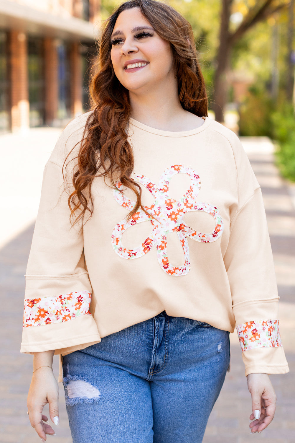 Beige Plus Size Flower Patched Side Slits Crewneck Top