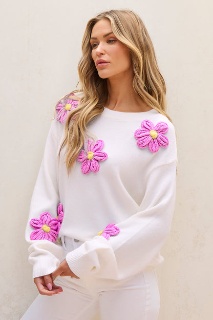 Floral Crochet Chunky Knit Sweater | White