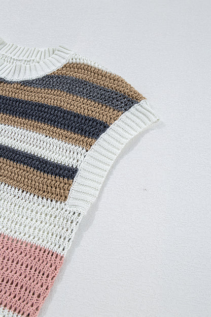 Colour Block Eyelet Knit Short Sleeve Sweater Tee | Pink Stripe