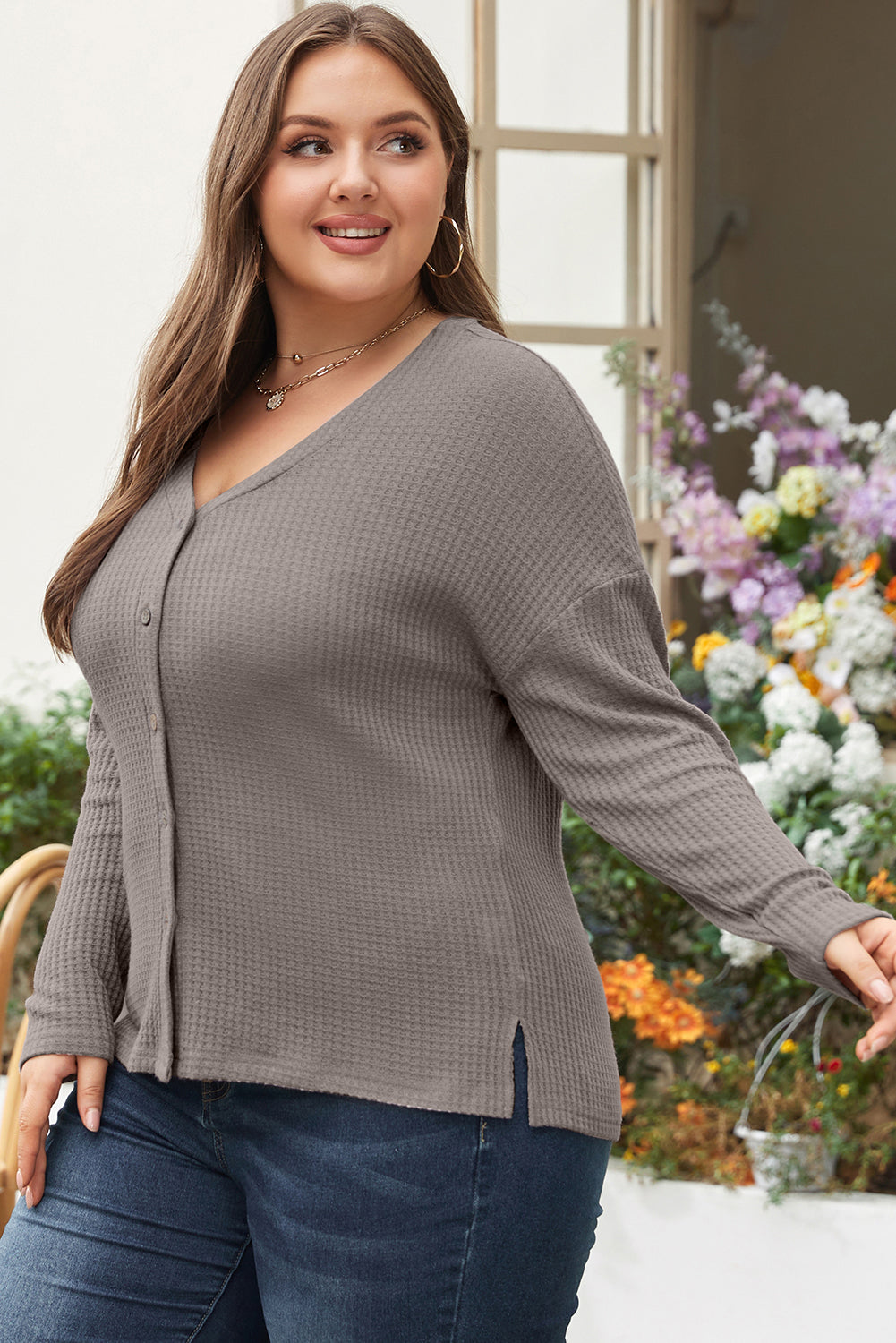 Waffle Knit Drop Shoulder Button V Neck Plus Size Top | Simply Taupe