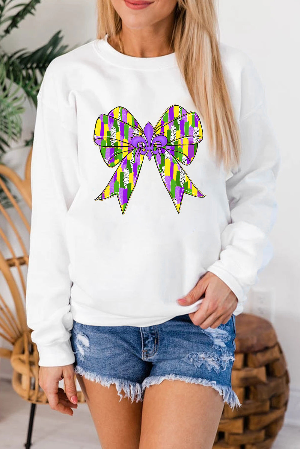 Mardi Gras Bowknot Graphic Pullover Sweatshirt | White