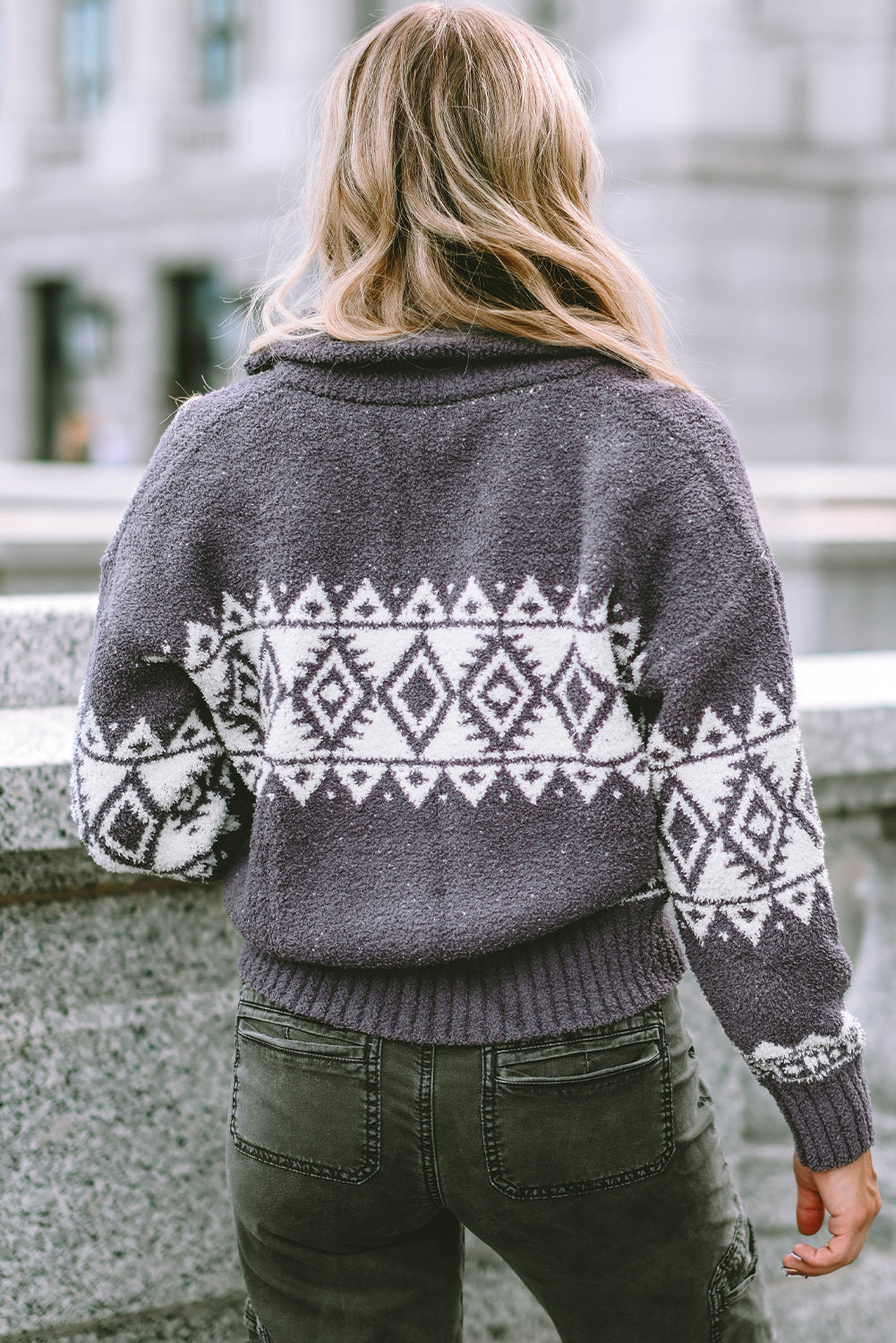 Western Geometric Printed Quarter Zip Pullover Sweater | Gray