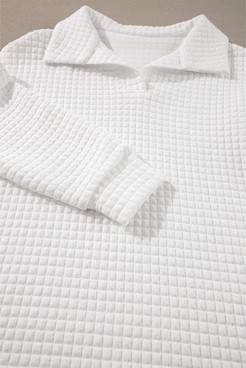 Quilted Texture Sporty Collared Long Sleeve Top | White