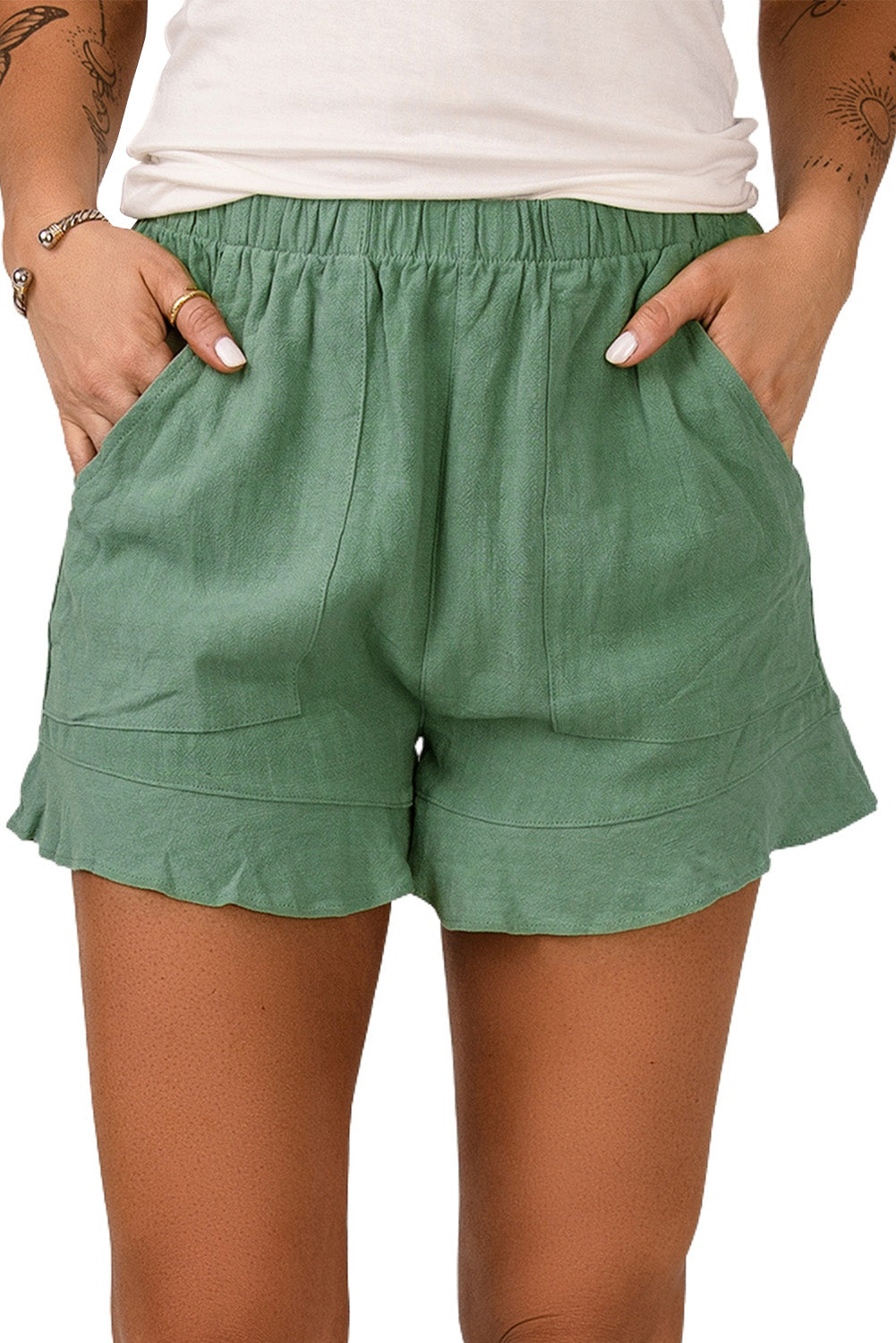 High Waist Pocketed Ruffle Shorts | Green