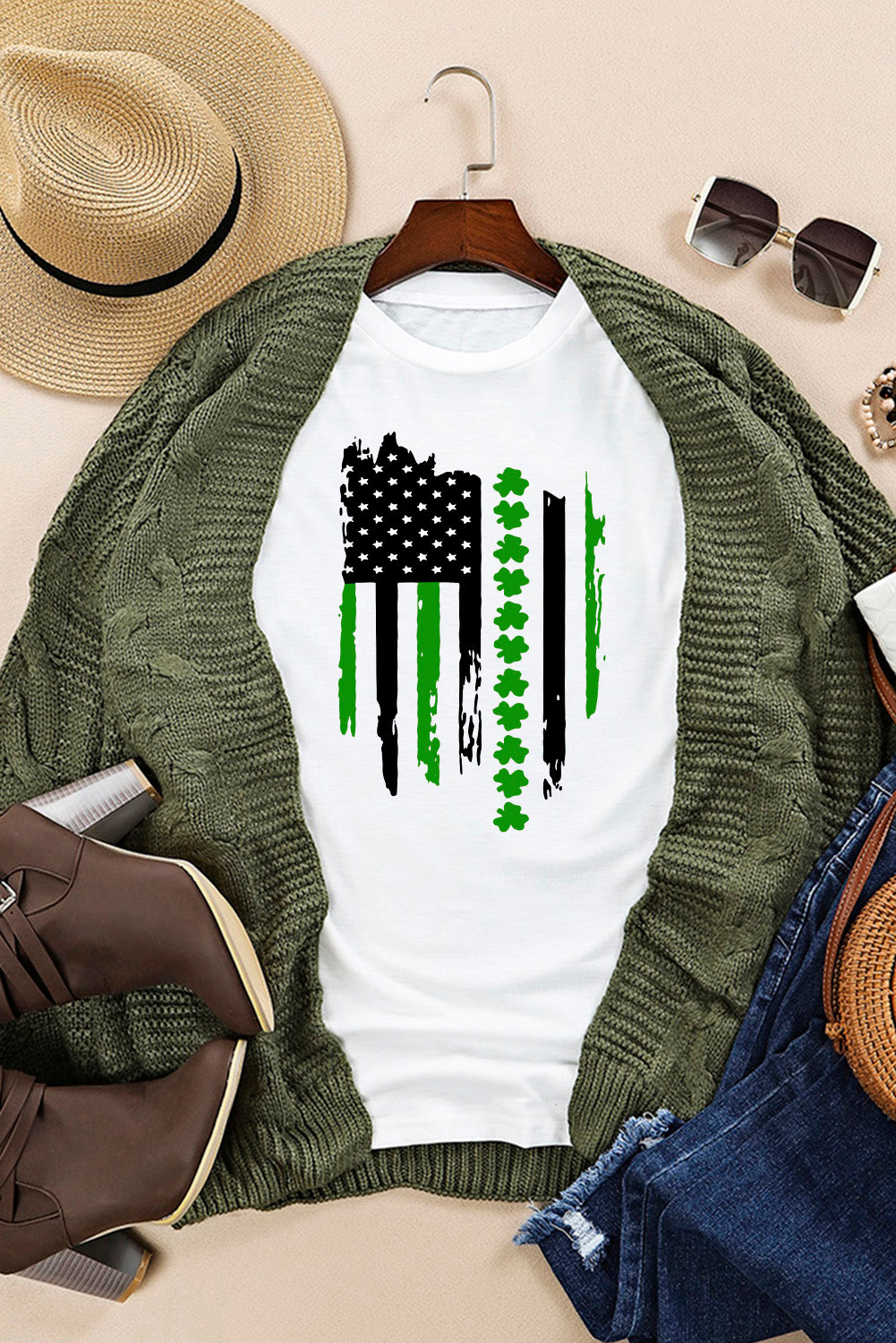 St. Patricks Clover American Flag Print Crewneck Tee | White