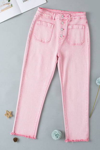 Multi Buttons Raw Edge Crop Jeans | Apricot Pink