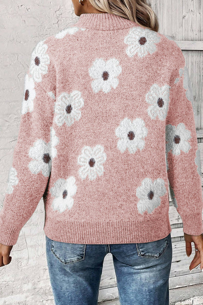 Floral Pattern Half Zip Drop Shoulder Sweater | Pink