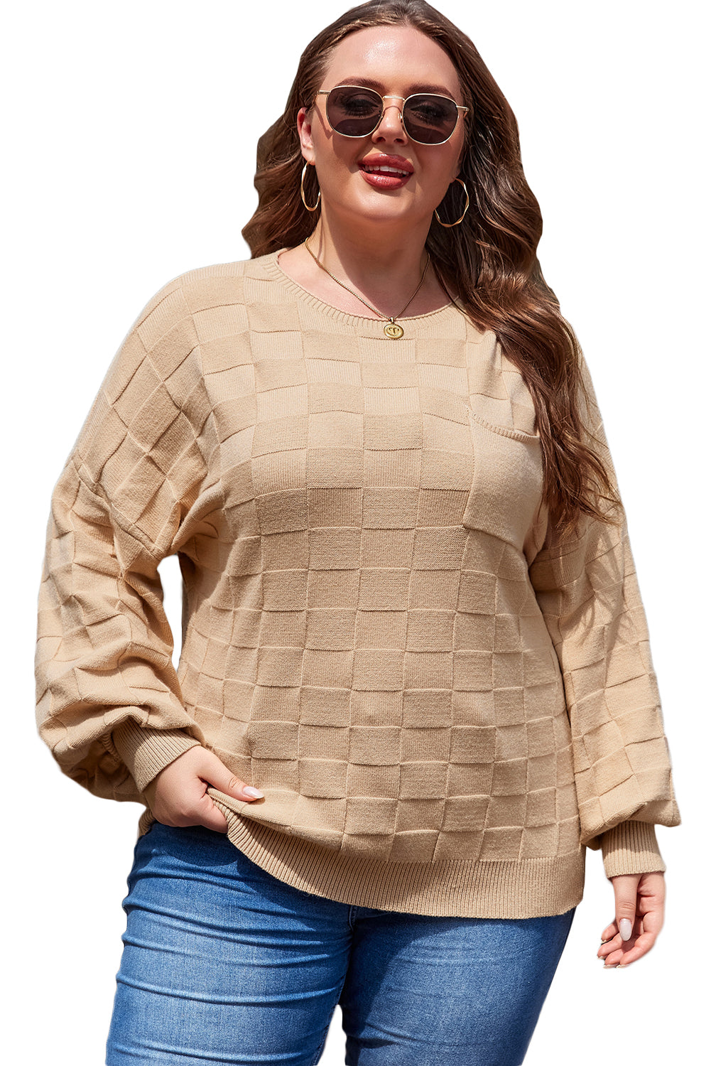 Solid Checkered Textured Knit Plus Size Sweater | Light French Beige