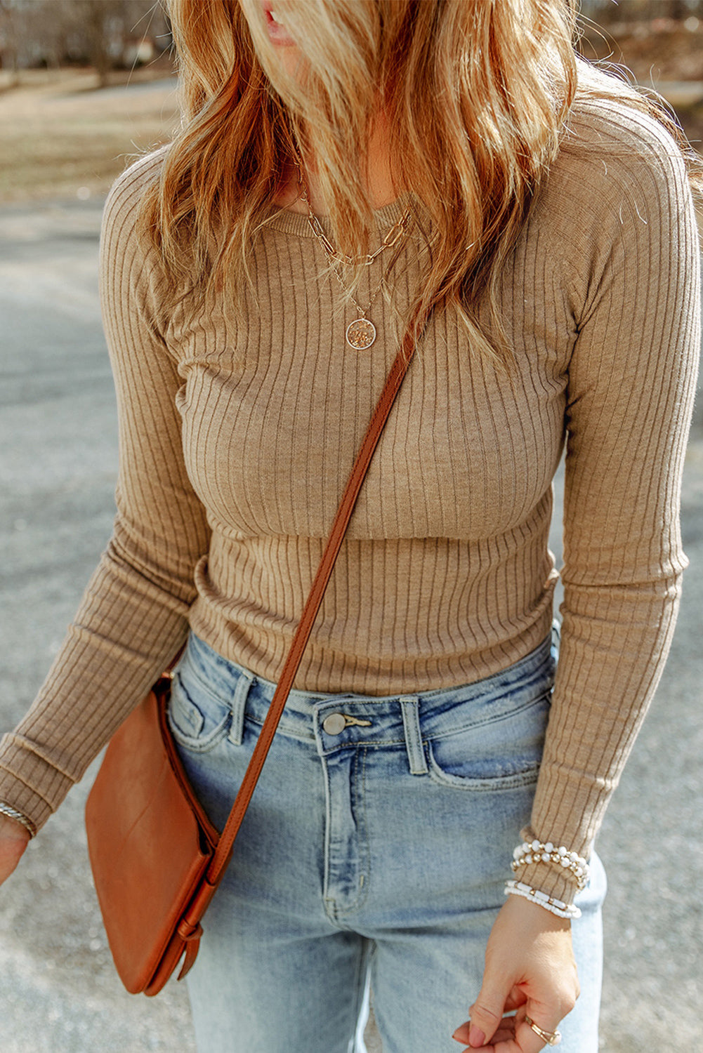 Ribbed Knit Round Neck Sweater | Apricot