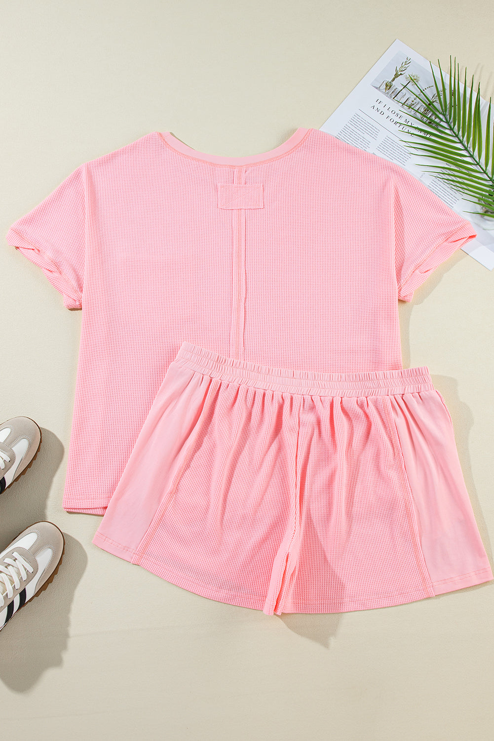 Plus Size Ribbed Exposed Seam Tee And Shorts Set | Pink