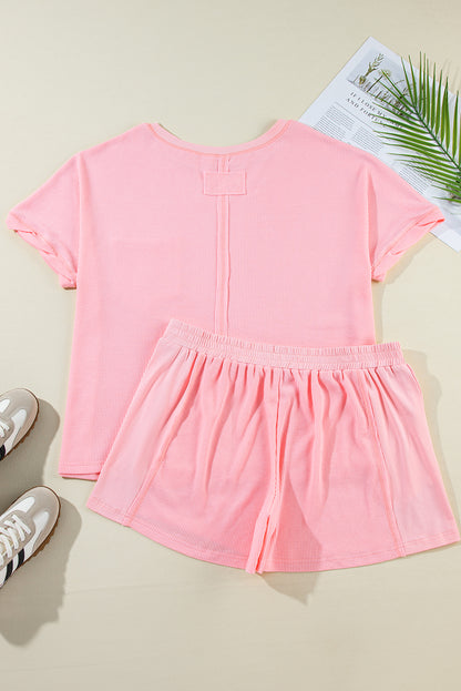 Plus Size Ribbed Exposed Seam Tee And Shorts Set | Pink