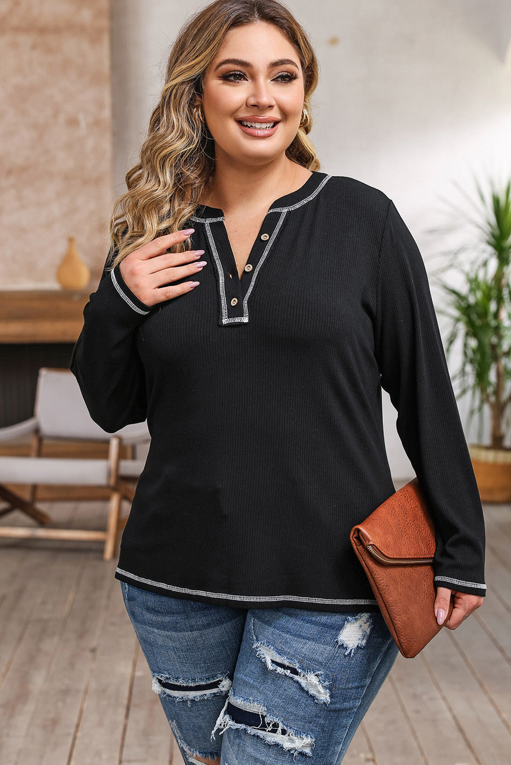 Plus Size Contrasting Topstitch Ribbed Henley Top | Black