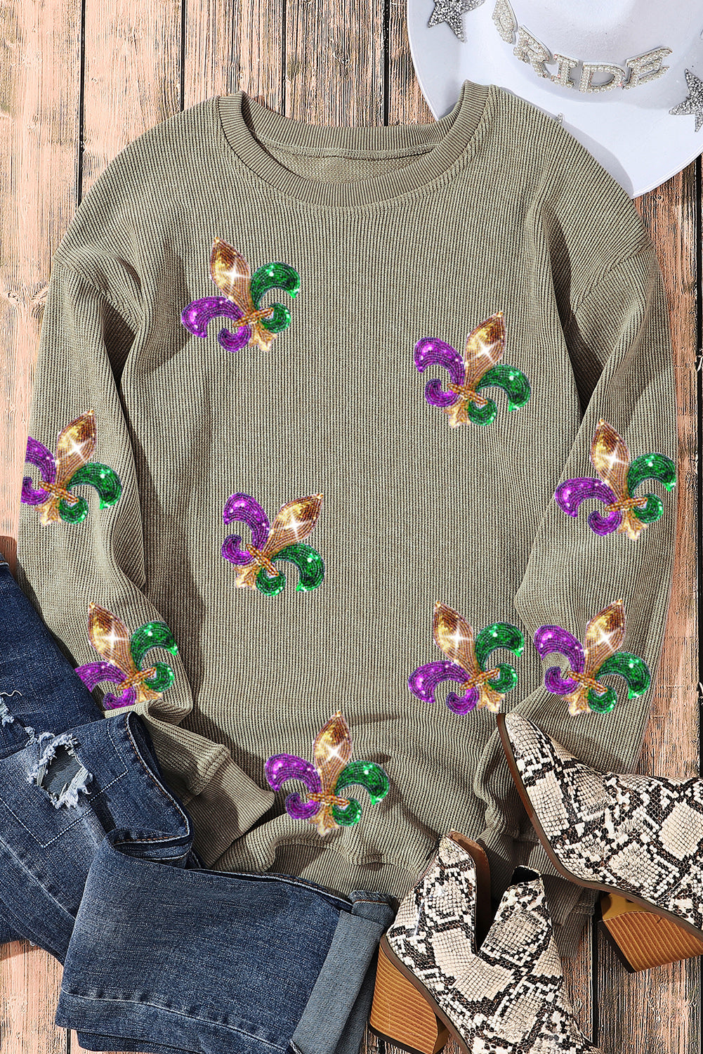 Glitter Mardi Gras Symbol Corded Baggy Sweatshirt | Green