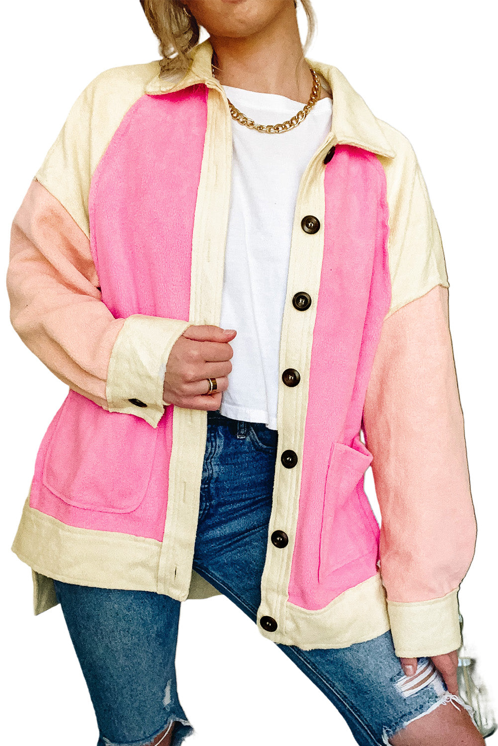 Colour Block Patchwork High Low Fleece Shacket | Rose