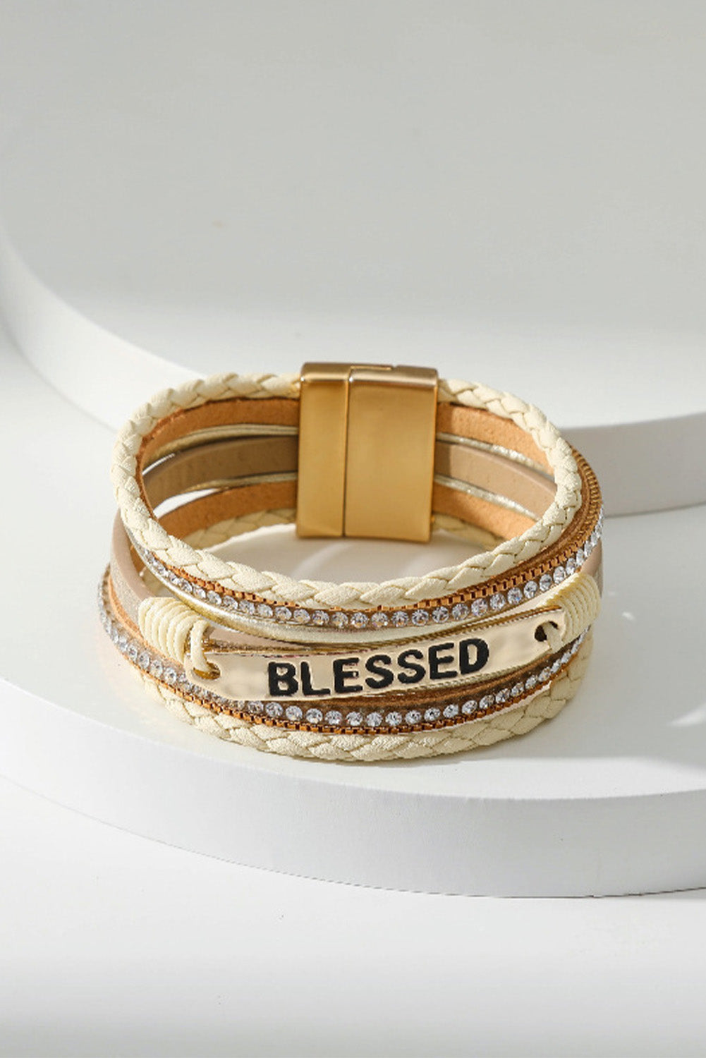 Blessed Rhinestone Braided Detail Buckle Bracelet | Beige