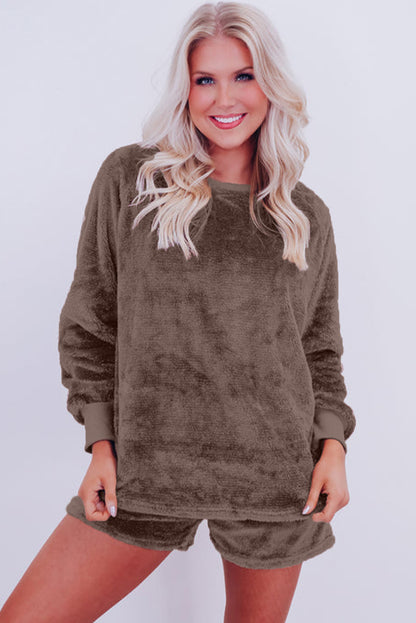 Solid Loose Fit Two Piece Fleece Lounge Set | Coffee