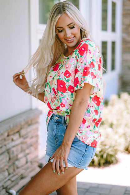 Fiery  Floral Print Ruffled Short Sleeve V Neck Blouse | Red