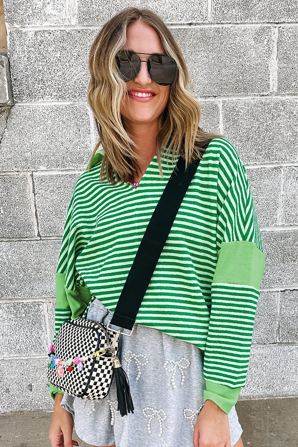 Turn-Down V Neck Patchwork Loose Top | Green Stripe