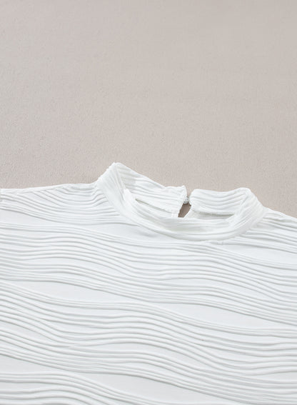 Wavy Textured Mock Neck Cap Sleeve Top | White